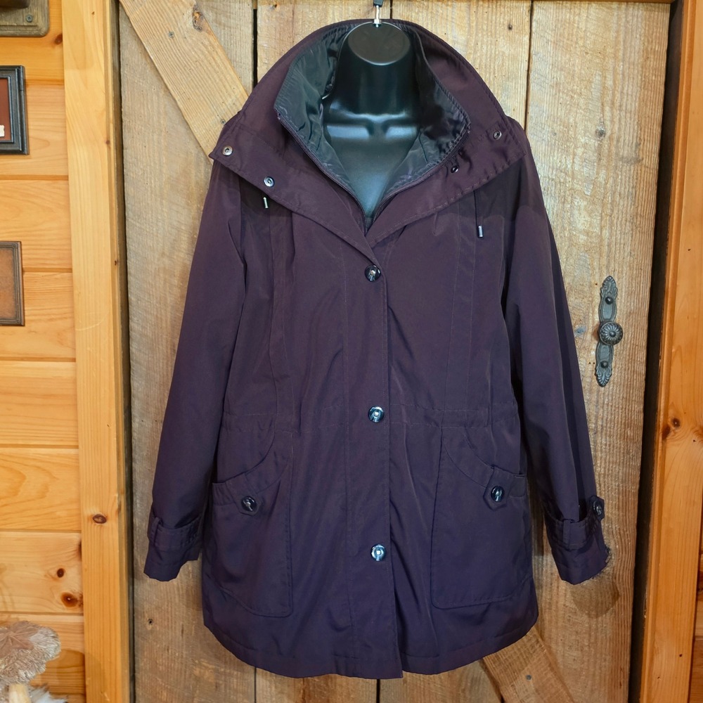 Miss Gallery All-Weather Hooded Utility Raincoat Plum Purple Women's Large EUC